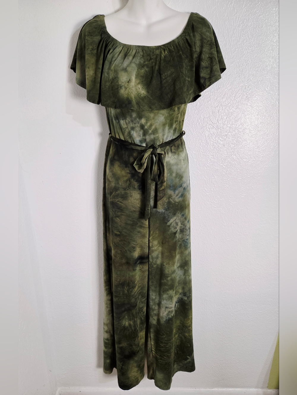 Minette Olive Green Tie-Dye Jumpsuit, Ruffled Neckline Or Cold-Shoulder Sz Large